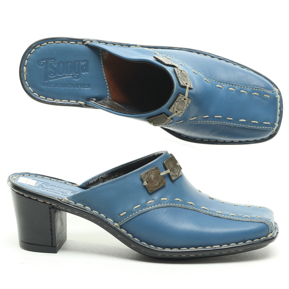 NWT Tsonga Leather Slip-In Square Toe Mules & Clogs Women 6 Shoe Blue/Black - Picture 1 of 16